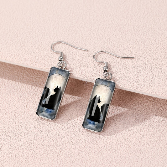 Cat Pattern Rectangle Drop Hook Earrings Jewelry Kitten Animal Party