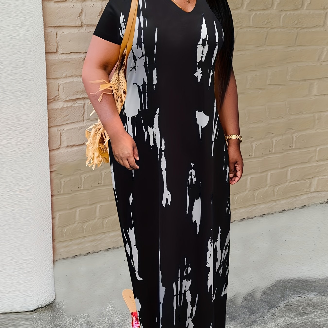  Tie Dye Maxi Dress Short Sleeve Round Neck High Stretch