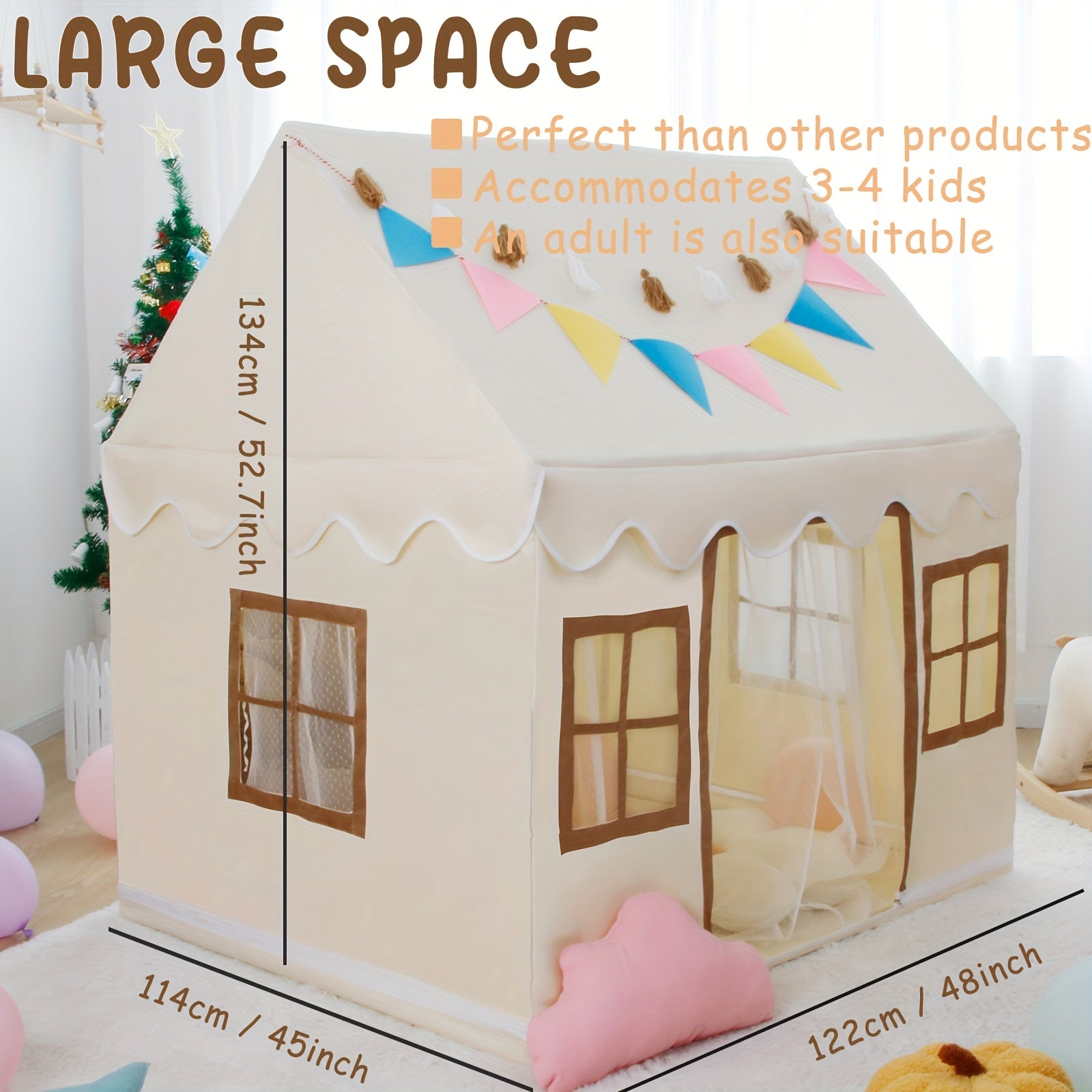 Large Children's Game Tent with Windows, Star Strings, Flags, Tassel Strings