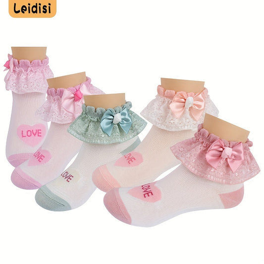 3 Pairs Kids Heart Graphic Lace Trim Princess Crew Socks