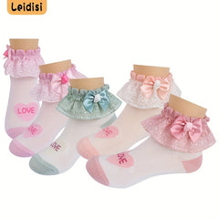3 Pairs Kids Heart Graphic Lace Trim Princess Crew Socks