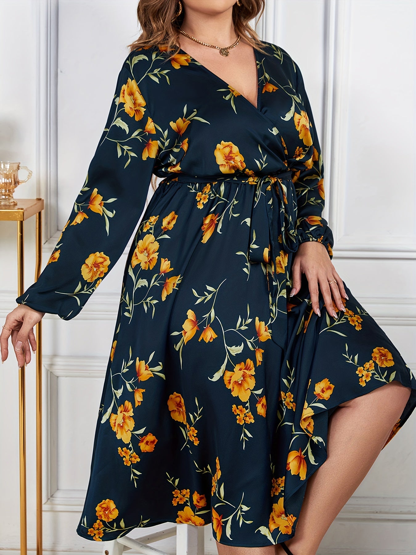 Floral Print Lantern Sleeve Dress with Belt