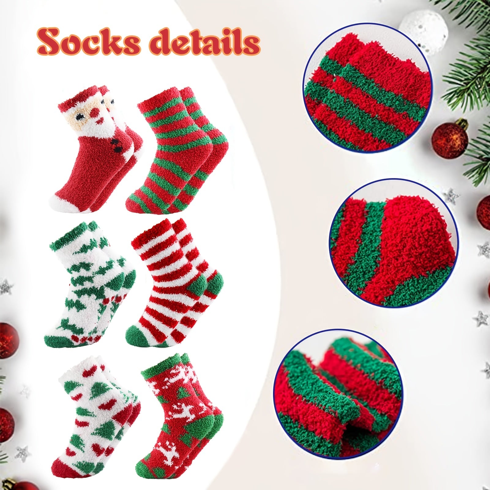 6pcs Christmas Print Socks Fuzzy Warm Comfy Stocking Decorations