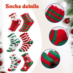 6pcs Christmas Print Socks Fuzzy Warm Comfy Stocking Decorations