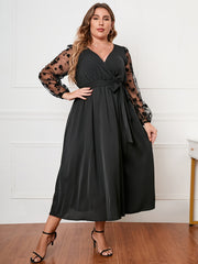 Floral Jacquard Mesh Long Sleeve Dress Plus Size Women's Dress