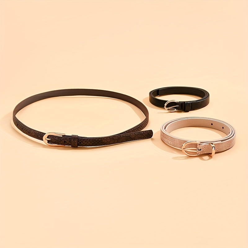 3pcs Oval Buckle PU Belt Solid Snake Pattern Embossed Girdle For Women