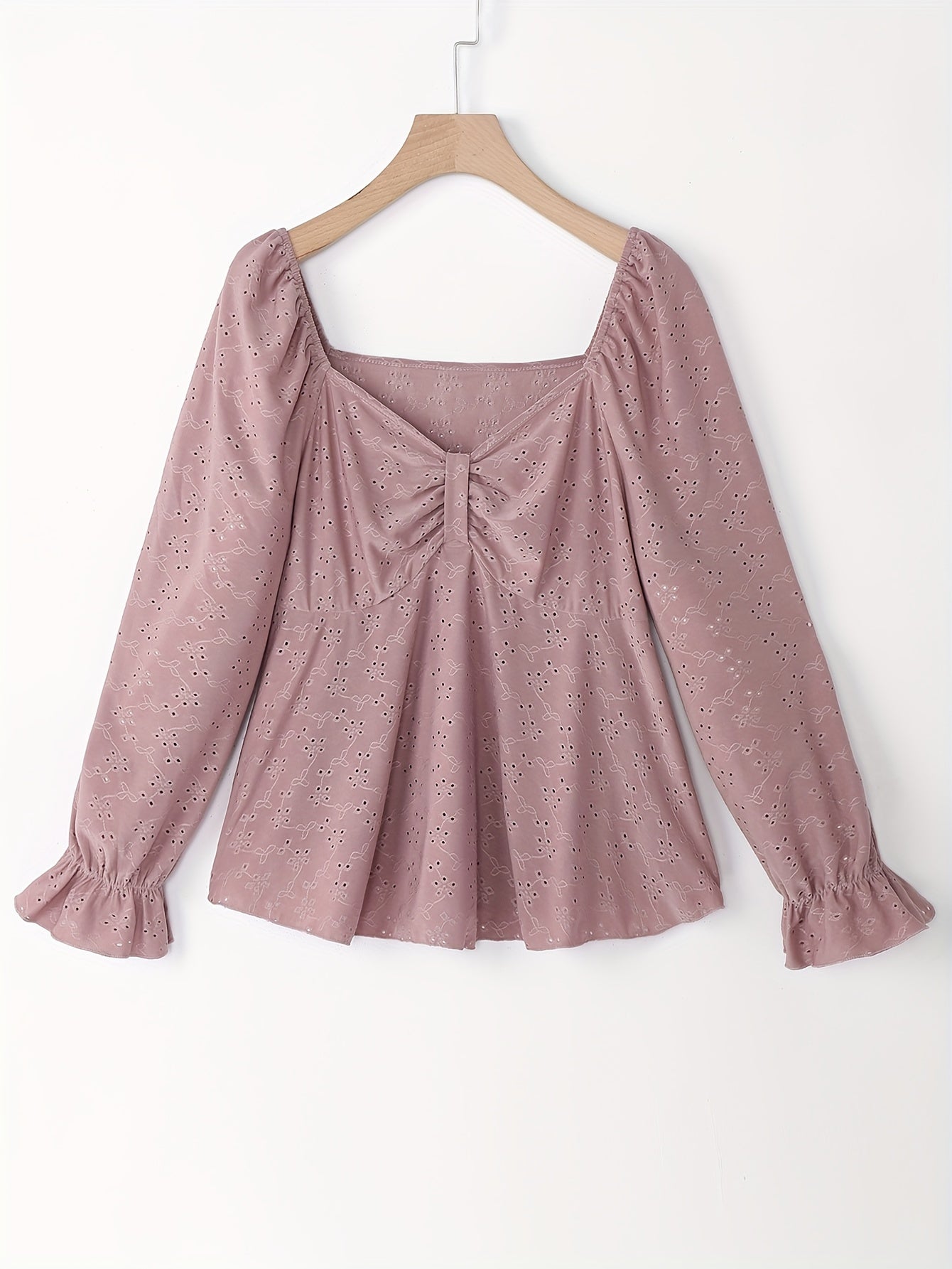 Eyelet Embroidery Flounce Sleeve Peplum Top