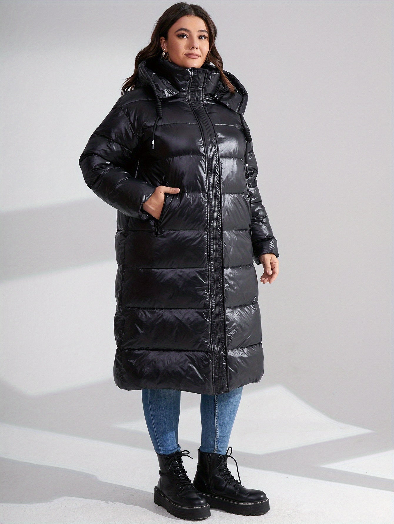 Solid Long Length Parka Hooded Outerwear Women's Clothing