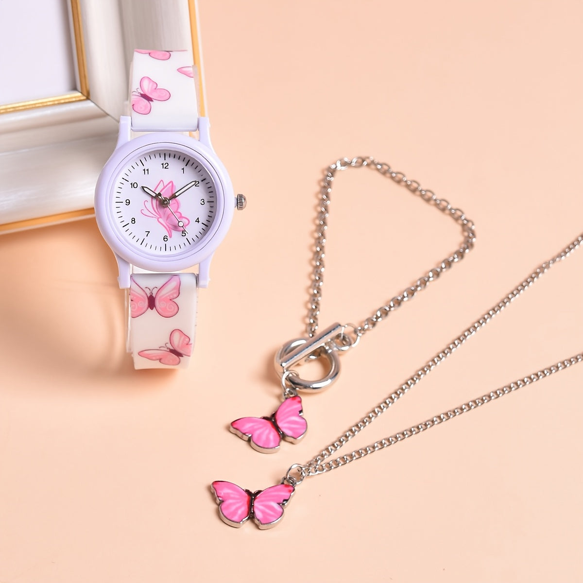 3pcs Butterfly Silicone Watch Strap & Necklace Bracelet Set for Girls
