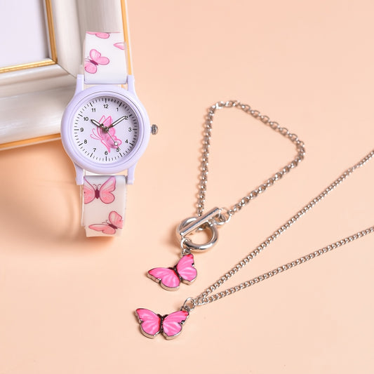 3pcs Butterfly Silicone Watch Strap & Necklace Bracelet Set for Girls