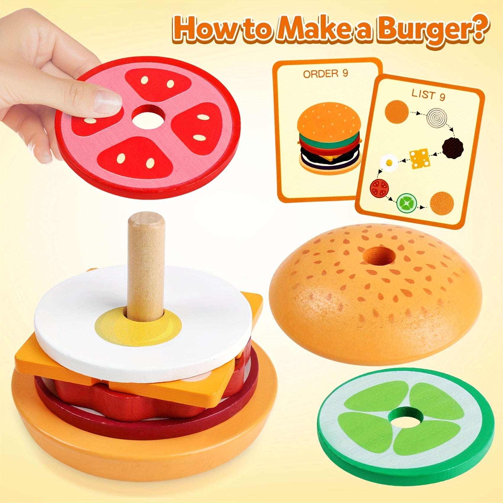 Montessori Wooden Burger Sorting Stacking Toy for 3-Year-Olds