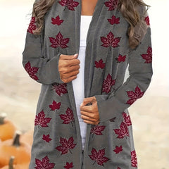  Leaf Print Cardigan Long Sleeve Stretch Coat