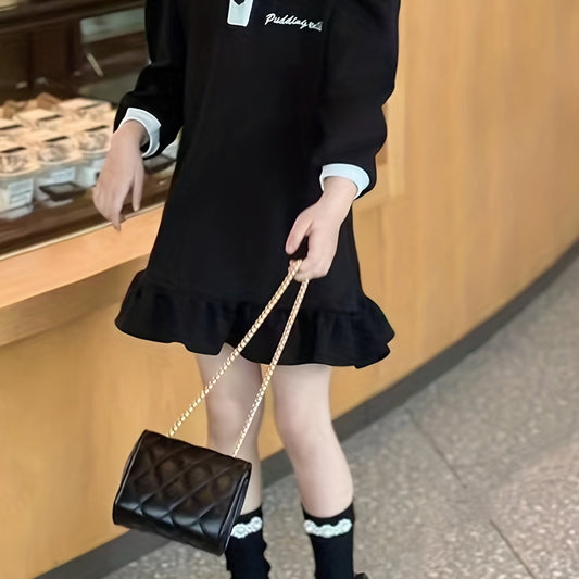 Girls Sweet Polo Collar Long Sleeve Casual Dress