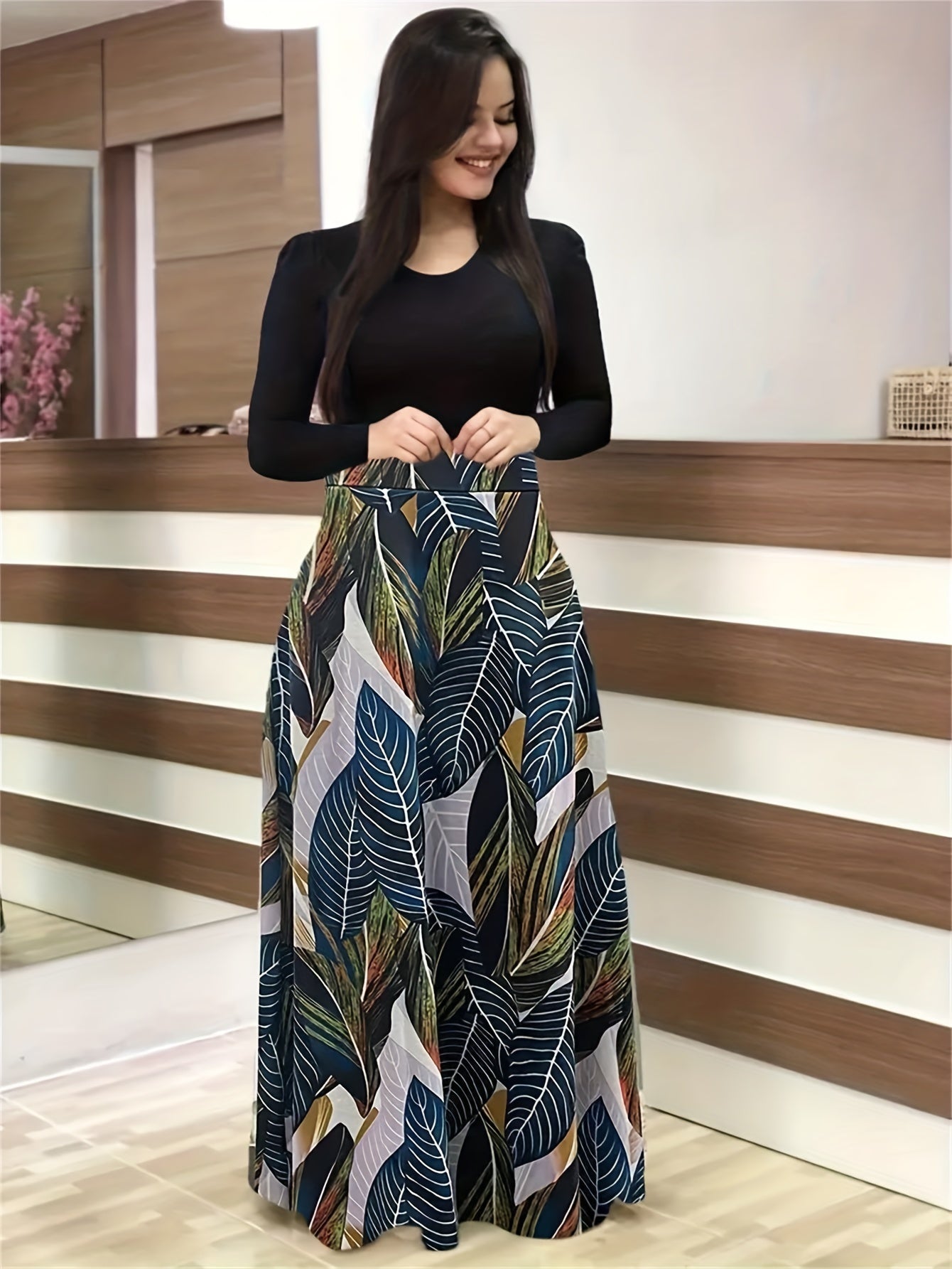  Colorblock Long Sleeve Maxi Dress