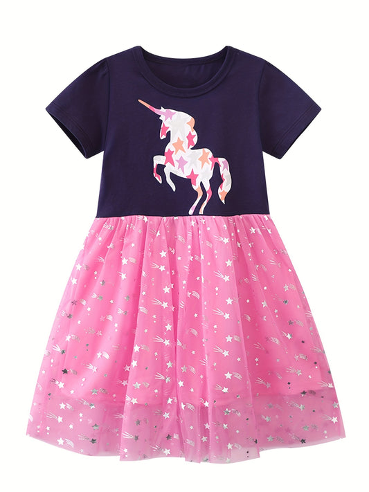 Baby Girls Unicorn Graphic Print Short Sleeve Mesh Dress