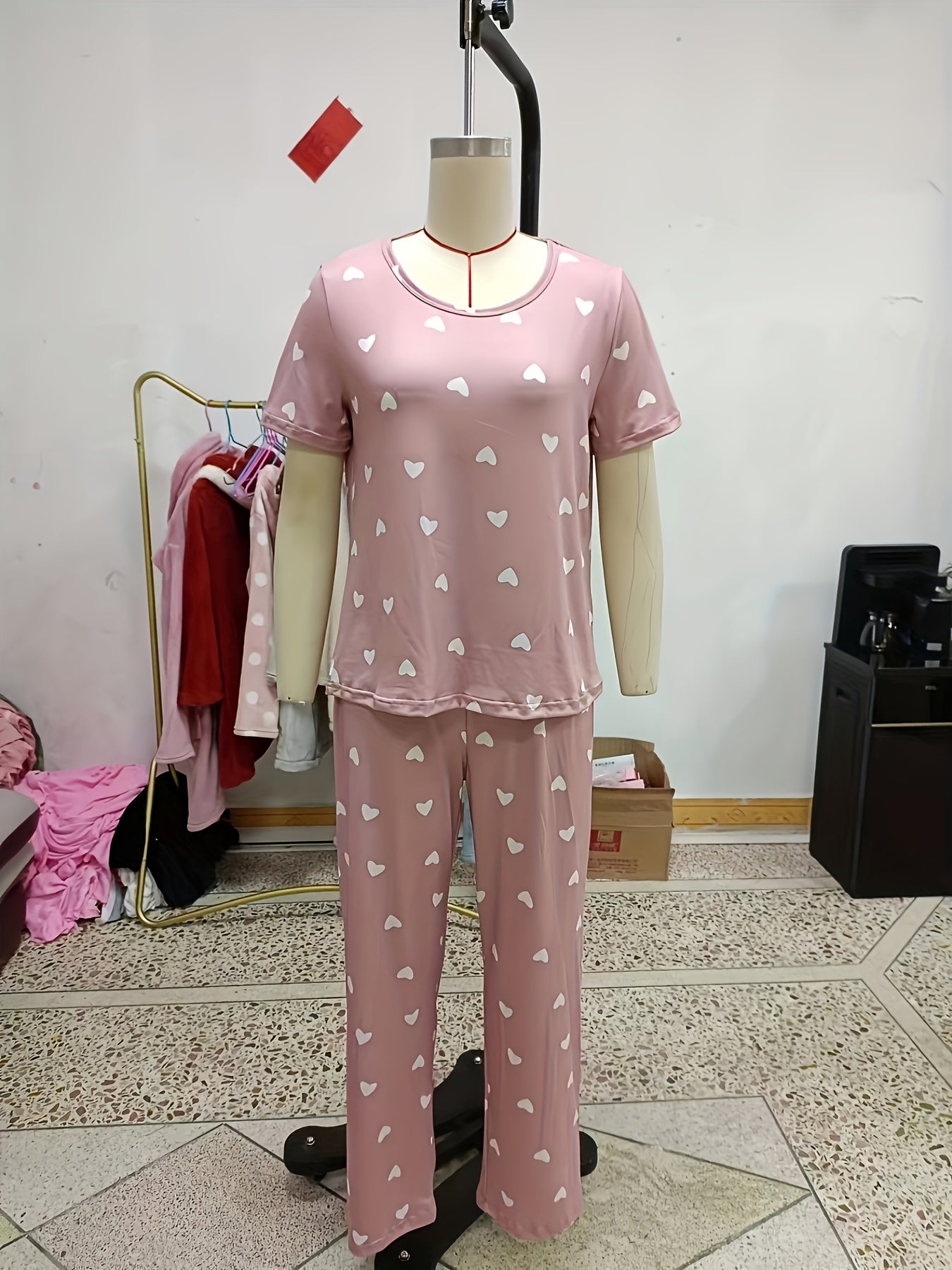 Heart Print Pajama Set Short Sleeve Round Neck Top & Elastic Waistband Pants