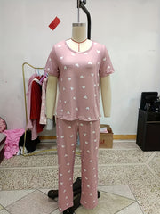 Heart Print Pajama Set Short Sleeve Round Neck Top & Elastic Waistband Pants