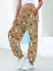 Western Style Bull Skull Print Joggers