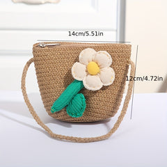 Kids Flower Decor Coin Purse Straw Woven Crossbody Bag