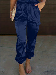 Women's Plus Solid Satin Cargo Pants With Drawstring Waist