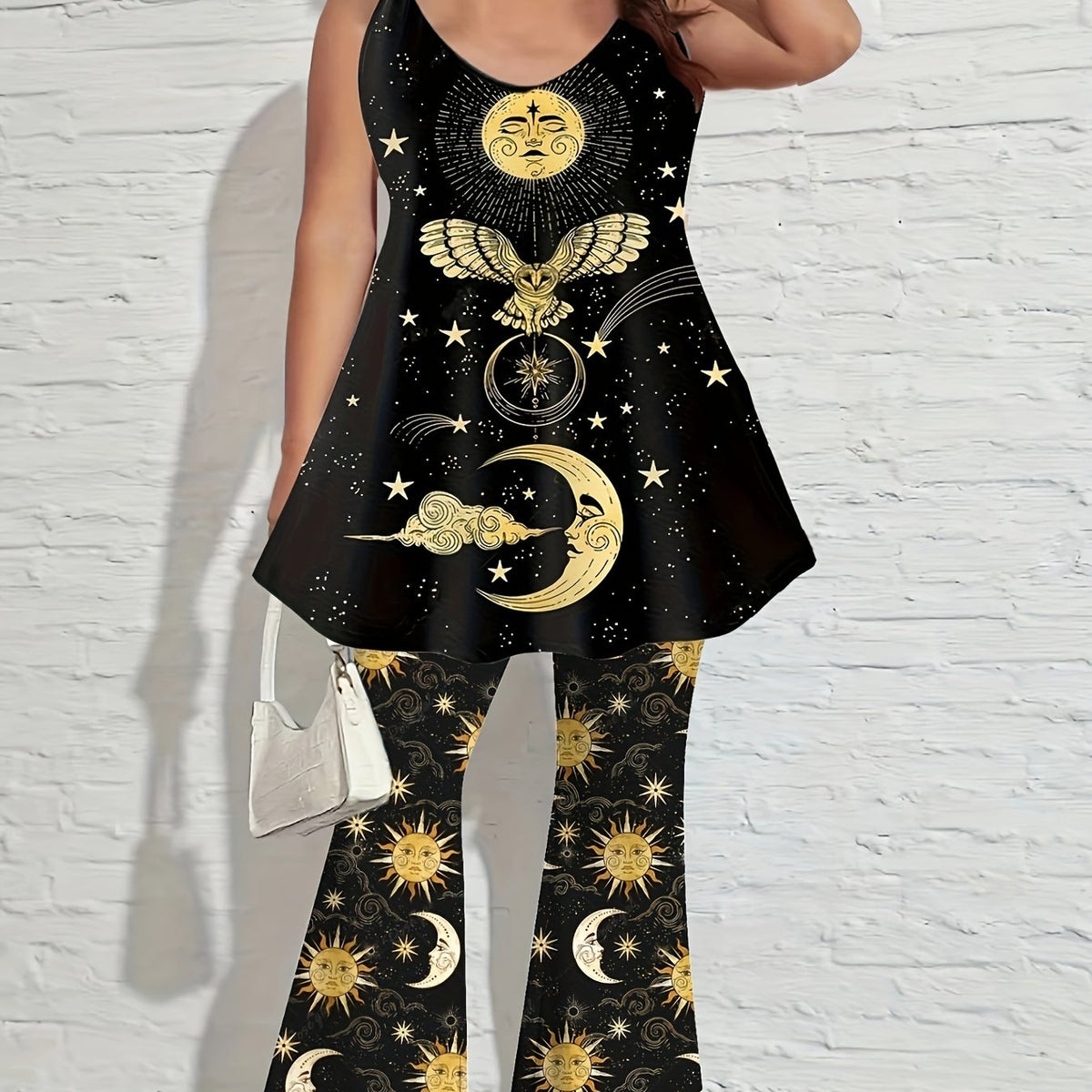  Sun & Moon Print Cami Top & Flared Leg Pants Set
