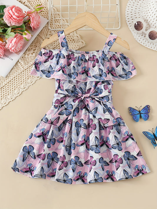 Toddler Girls Butterfly Graphic Princess Dress Cold Shoulder Ruffle Trim Belted