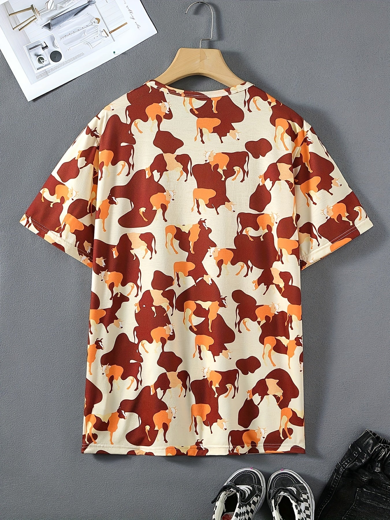Men's Cattle Print Crew Neck T-Shirt - Summer Short Sleeve Tee