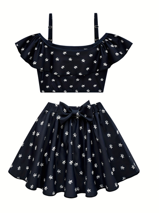 Girl's Floral Pattern Bikini Set Ruffle Decor Swimsuit Cami Top & Briefs