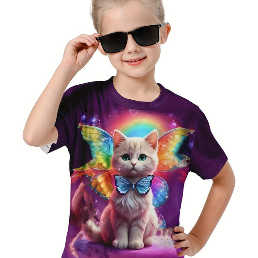 3D Rainbow Cat With Wings Print T shirt for Summer Sports