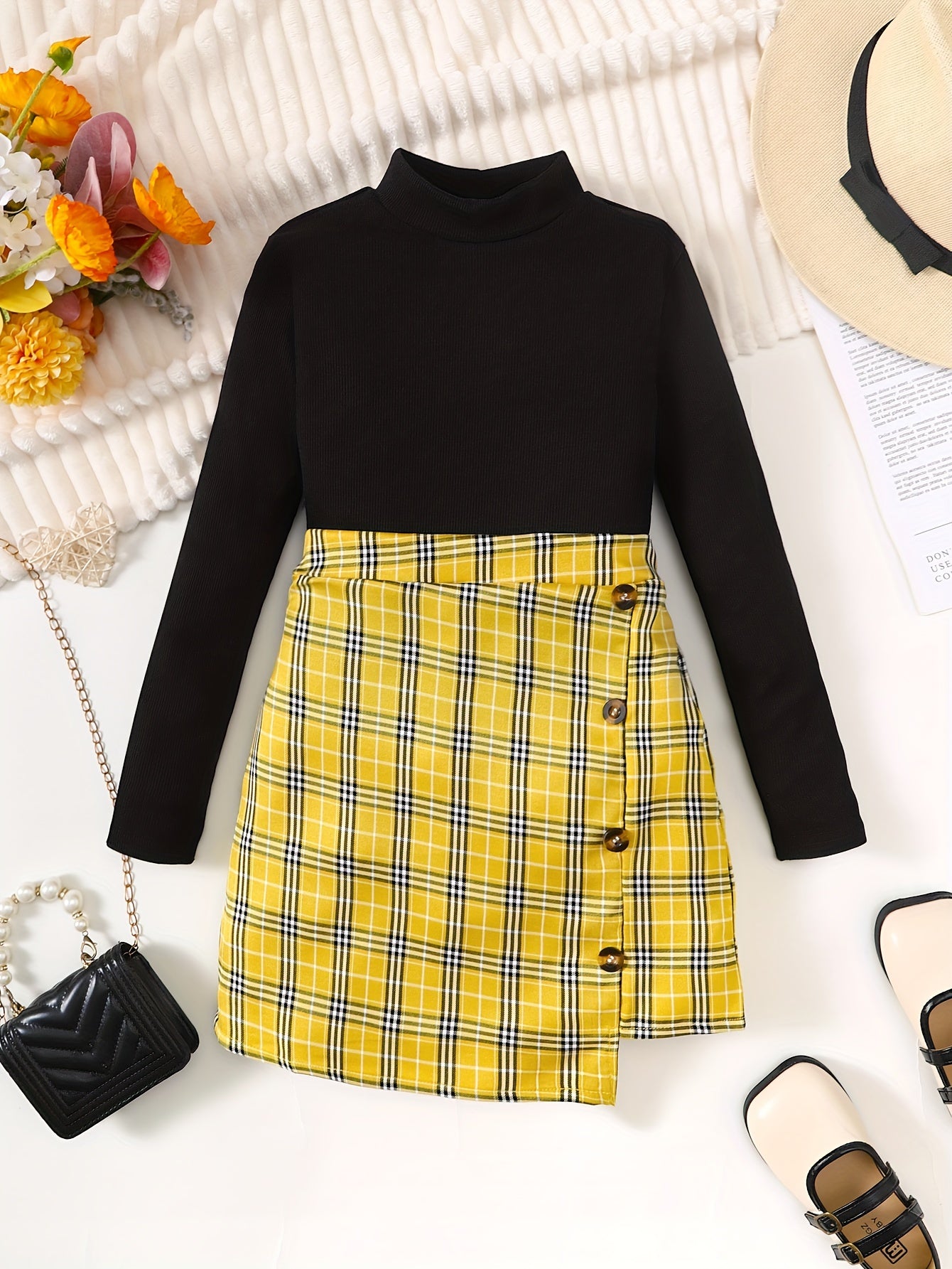 Girl's Stylish Outfit 2pcs Ribbed Mock Neck Top & Plaid Pattern Skirt Set