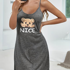 Bear Print Nightdress Crew Neck Sleep Dress Women's Sleepwear