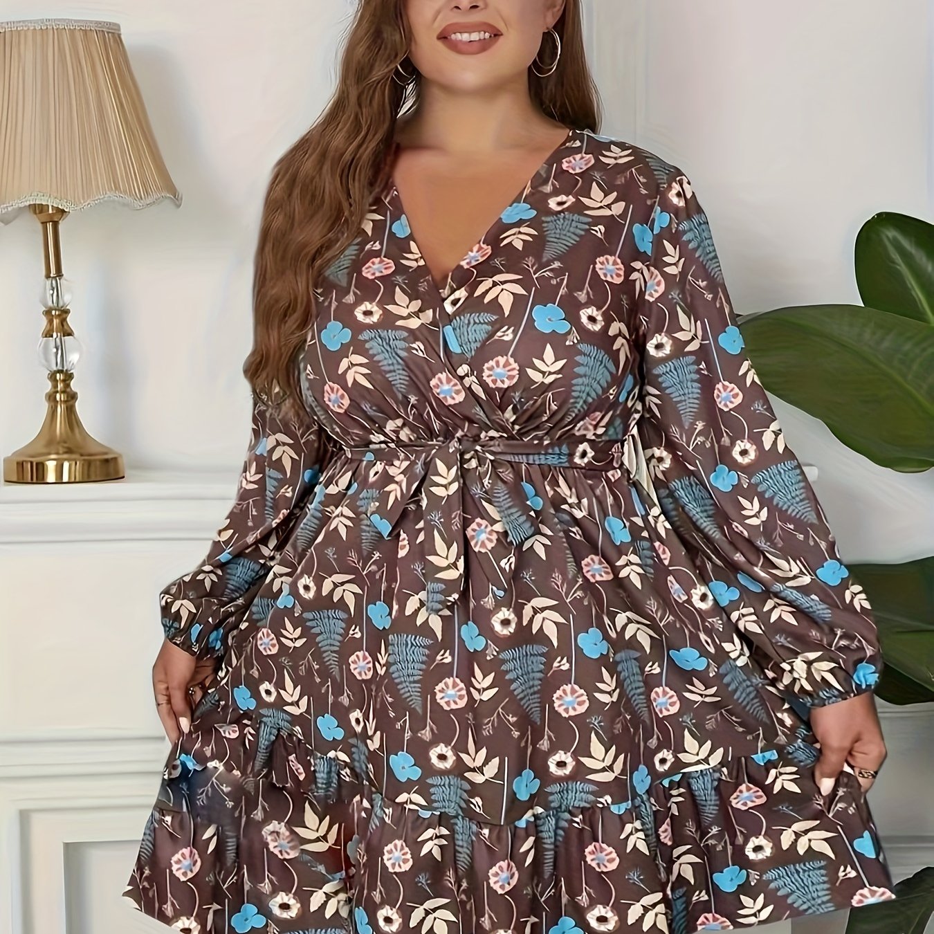  Boho Dress Women's Plus Floral & Leaf Print Lantern Sleeve Dress