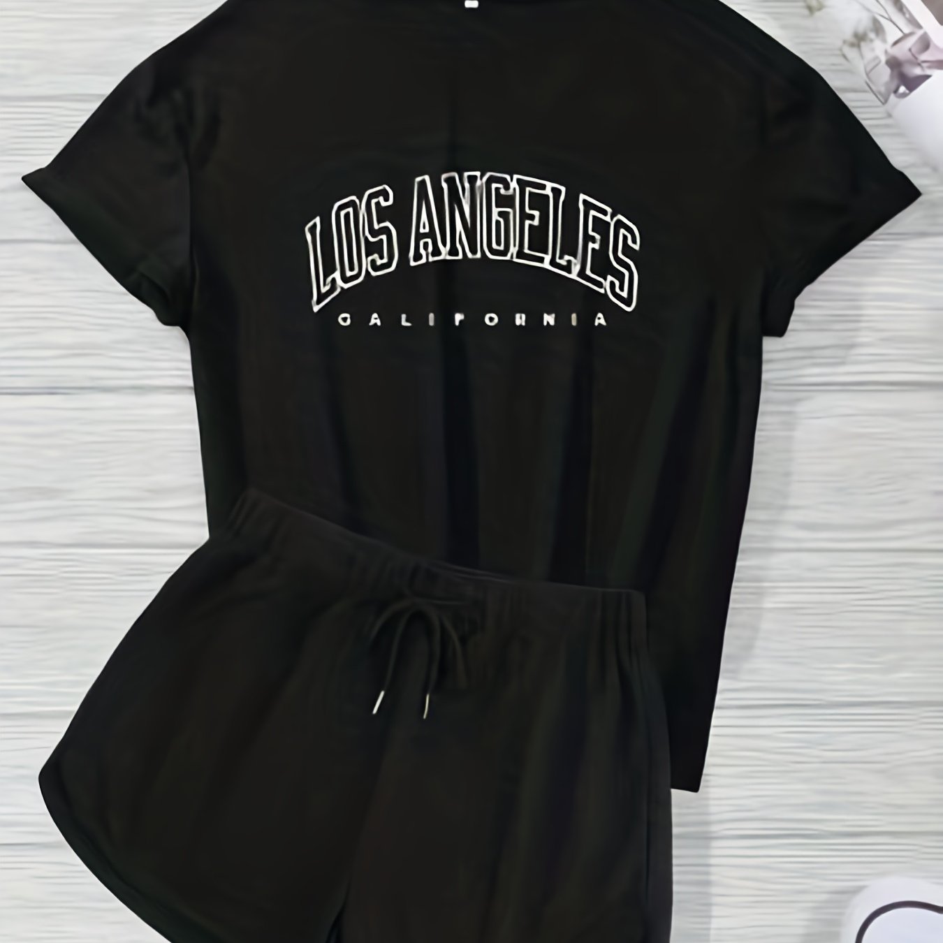 Letter Print Short Sleeve T shirt & Drawstring Waist Shorts Set