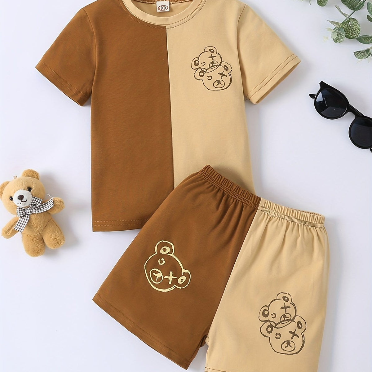 Boys Casual Bear Graphic T Shirt & Shorts Set for Summer