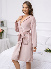 Cozy Fuzzy Hooded Night Robe Long Sleeve With Belt & Pockets