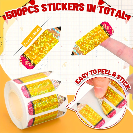 500pcs Back to School Stickers Roll Holographic Laser Cut Pencil Decals