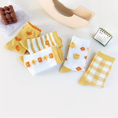5 Pairs Flower & Striped Socks Comfy & Carrot Pattern Stockings