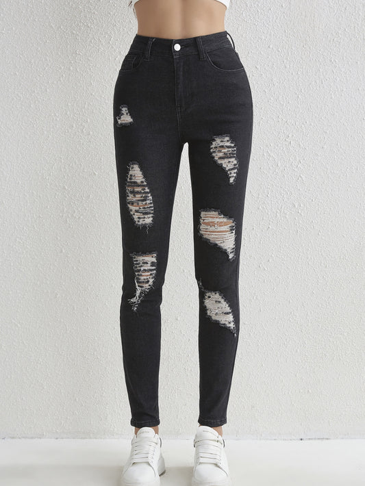 Ripped Holes Skinny Jeans Slim Fit Slash Pockets High Stretch Casual Denim Pants