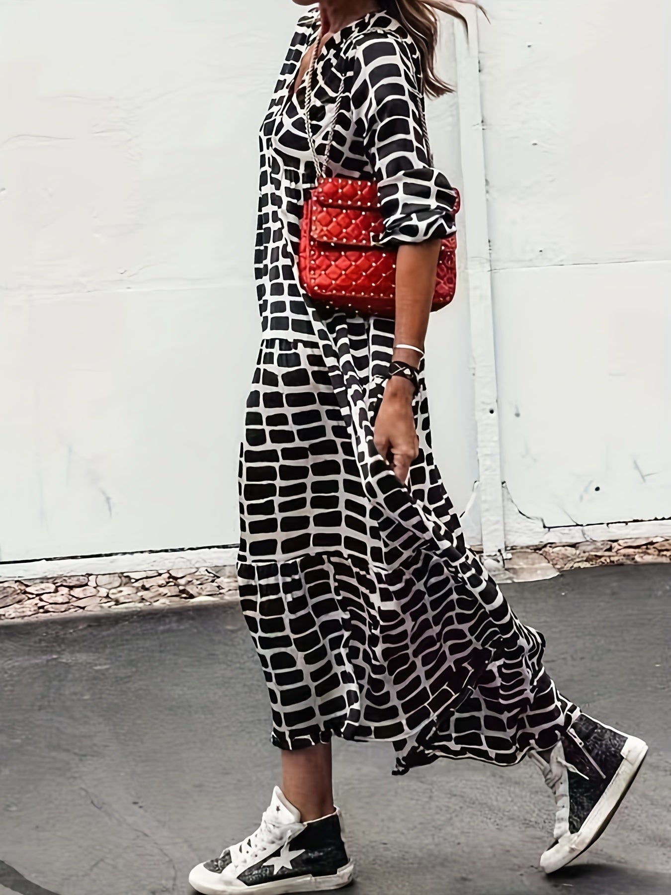  Colorblock Geometric Print Maxi Dress