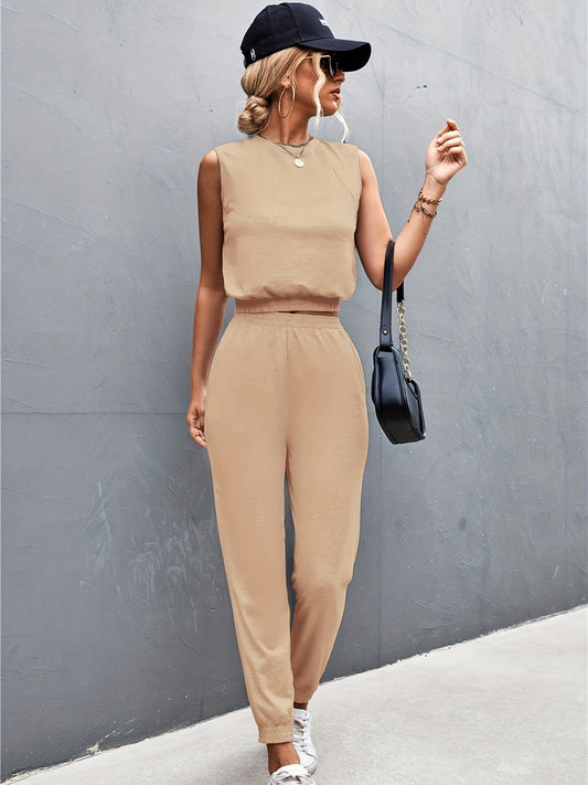Solid Two Piece Set Crew Neck Tank Top & Jogger Pants Outfits