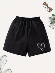 Girls' Casual Heart Graphic Shorts with Pockets