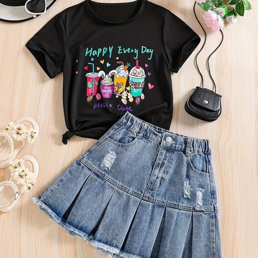 Girl's HAPPY EVERY Letter Tee Top & Denim Skirt Set