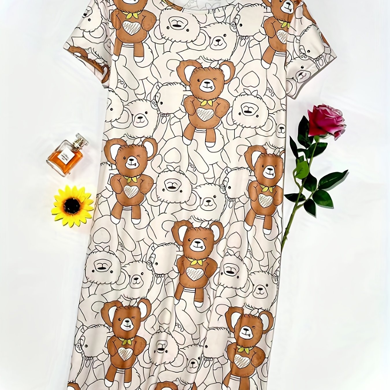  Teddy Bear Print Round Neck Nightdress