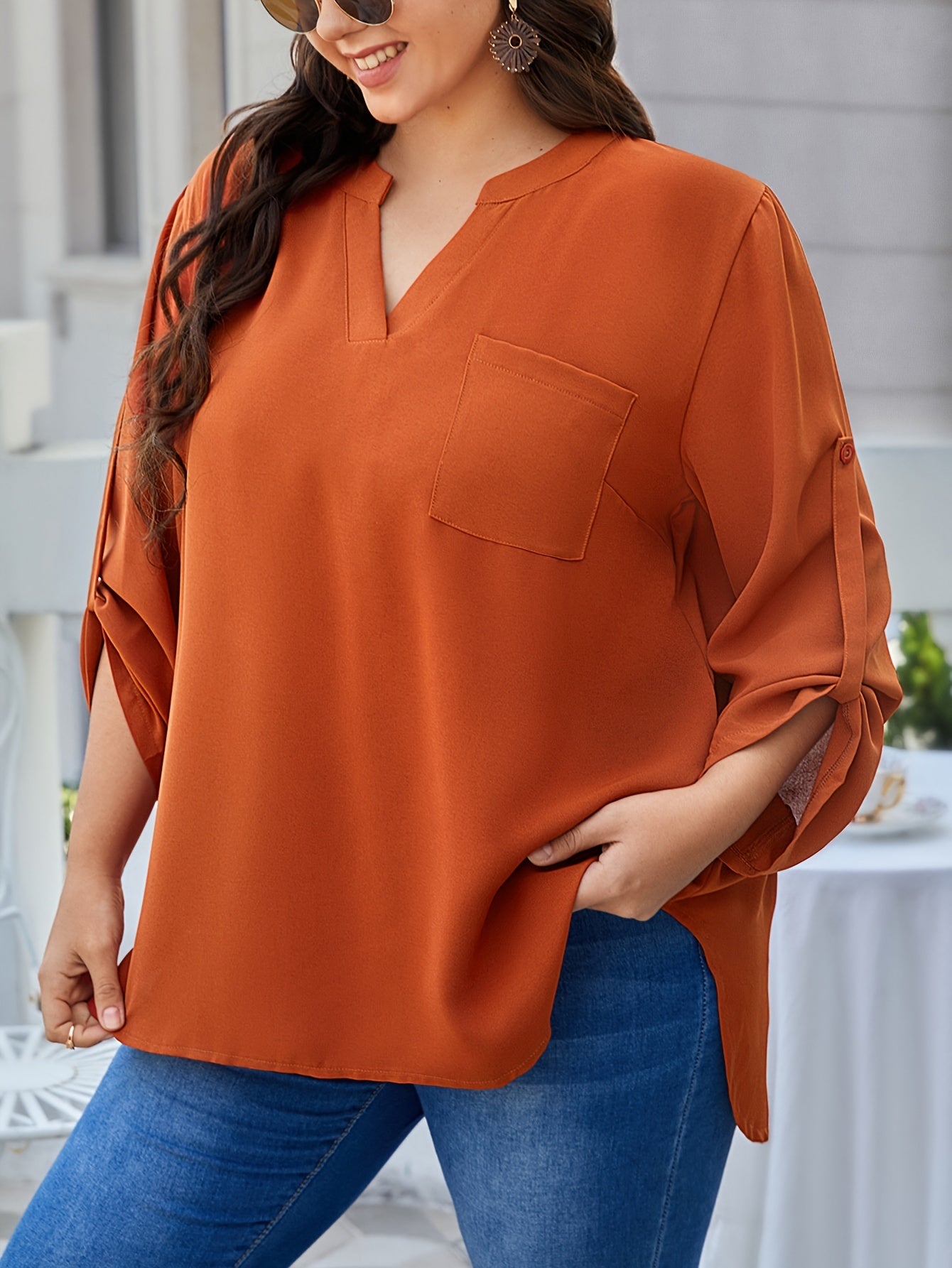  Casual Blouse Womens Solid Roll Up Long Sleeve