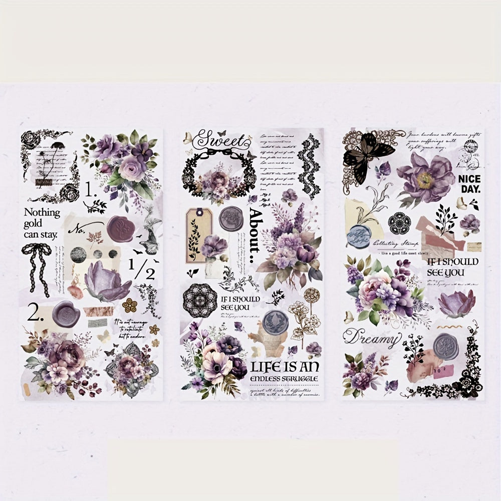 Retro Lace Theme PET Stickers Pack 3 Sheets Plant Flower Bow
