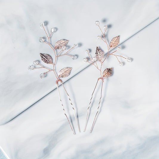 Alloy Leaves Faux Pearl Hairpin Wedding Dress U shaped Hair Headdress