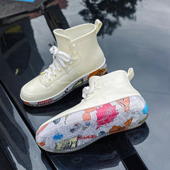 Women's Waterproof Rain Boots Lace Up High Boots