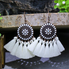 Bohemian Style Fan Shaped Tassel Earrings with Rhinestones