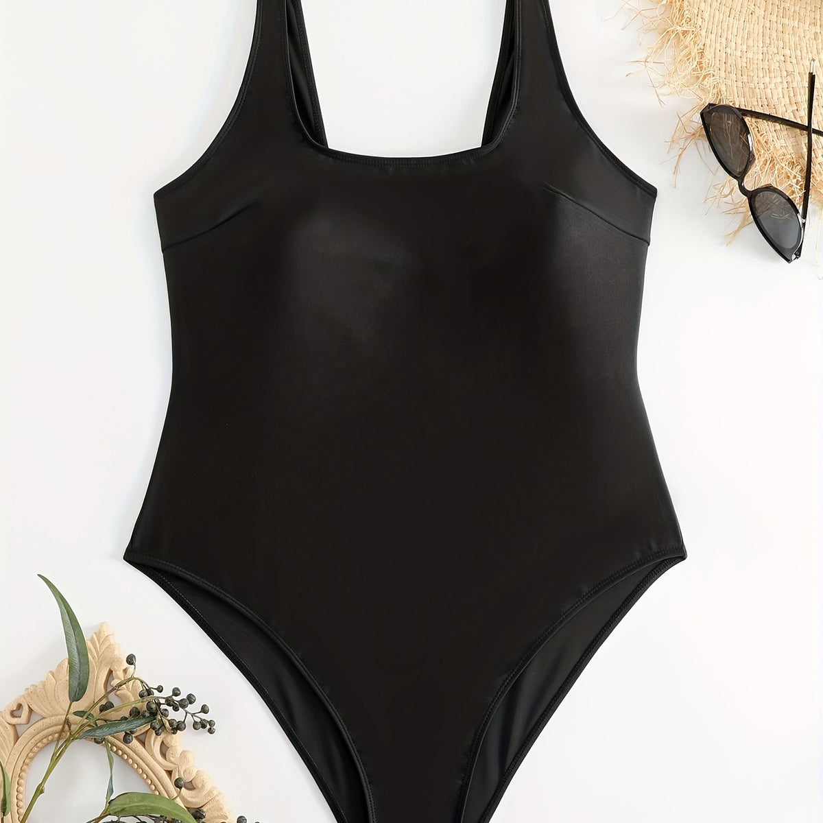  Solid Square Neck One Piece Swimsuit
