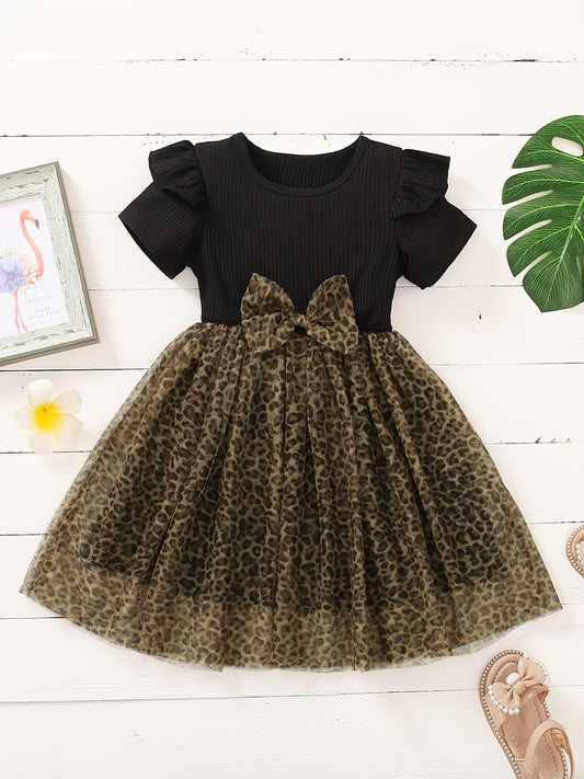Toddler Girls Short Sleeve Leopard Tulle Princess Dress for Party